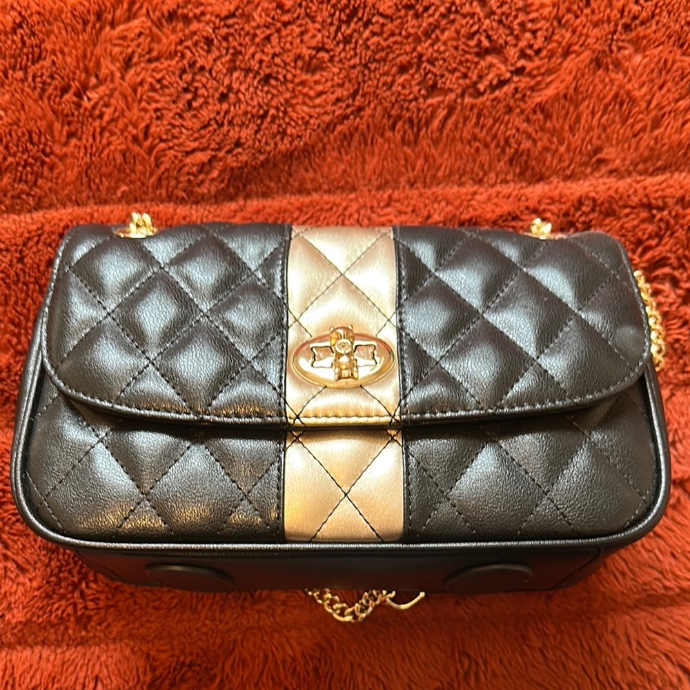 Fox Quilted Black and Gold Crossbody Bag with Chain